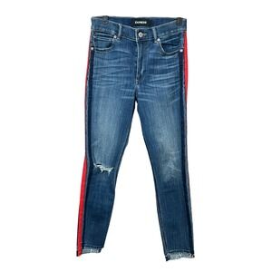Express Womens High Rise Ankle Legging Jeans Red Side Stripe Distressed Size 6R
